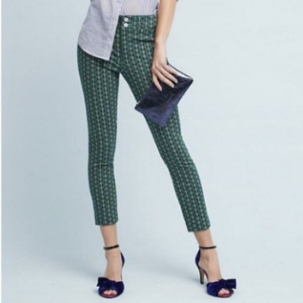 Anthropologie The Essential Slim Trousers Pants Green Butterfly Novelty Size 2